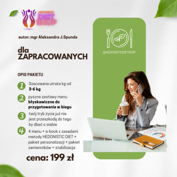 Próbowałaś już wielu diet ale zawsze pokonuje Cię przygotowywanie i organizacja posiłków bo jesteś bardzo ZAPRACOWANA?

Zaczynasz diety często ale nigdy ich nie kończysz, bo przytłacza Cie organizacja w Twoim zabieganym i zapracowanym stylu życia?

Chciałabyś wreszcie schudnąć ale masz wrażenie, że każda dieta wymaga od ciebie przysłowiowego stawania na rzęsach - a nie możesz sobie na to pozwolić bo jesteś bardzo zapracowana?

Jeśli tak, to mam dobrą wiadomość. Ten pakiet Hedonistic Menu powstał właśnie dla Ciebie.
