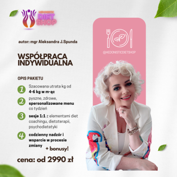 Dedykowany Tobie, jeśli cenisz współpracę indywidualną. Stawiasz na szybkie efekty, bo nie lubisz błądzić. Jesteś zdeterminowana i gotowa na sukces. Chcesz pożegnać od 9-15 kg w 3 m-ce jednocześnie edukując się jak jeść to, co lubisz i schudnąć raz na zawsze. W procesie otrzymujesz obok edukacji, wsparcia, motywacji, bezcenne narzędzia do zarządzania odżywianiem, książki nt metody Hedonistic Diet, kurs Emocje się przeżywa a nie zajada oraz Przekonania na drodze do skutecznego Odchudzania. To unikalny i kompleksowy proces, który doprowadzi Cię do celu nie tylko wagowego ale wpłynie korzystnie też na inne dziedziny twego życia.